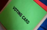 25 July 2025; A view of a voting card during the Olympic Federation of Ireland AGM at The Alex Hotel in Dublin. Photo by Seb Daly/Sportsfile