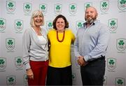 25 July 2025; Canoeing Ireland chief executive Moira Aston, left, Olympic Federation of Ireland communications manager Heather Boyle, centre, and Canoeing Ireland financial director Marcus McInerney during the Olympic Federation of Ireland AGM at The Alex Hotel in Dublin. Photo by Seb Daly/Sportsfile