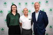 25 July 2025; Irish Surfing Association chairperson Tim Ferguson, centre, with Olympic Federation of Ireland chair of the athletes commission Aifric Keogh, left, and Olympic Federation of Ireland president Lochlann Walsh, during the Olympic Federation of Ireland AGM at The Alex Hotel in Dublin. Photo by Seb Daly/Sportsfile