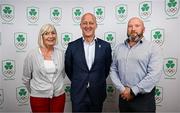 25 July 2025; Olympic Federation of Ireland president Lochlann Walsh, centre, with Olympic Federation of Ireland board member and Canoeing Ireland chief executive Moira Aston, left, and Canoeing Ireland financial director Marcus McInerney during the Olympic Federation of Ireland AGM at The Alex Hotel in Dublin. Photo by Seb Daly/Sportsfile