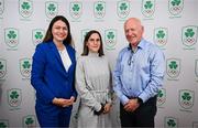 25 July 2025; Christina Barbosa-Gress, Coralie Picault and Fintan Lyons of Olympic Handball Ireland during the Olympic Federation of Ireland AGM at The Alex Hotel in Dublin. Photo by Seb Daly/Sportsfile