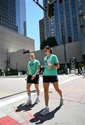 26 June 2025; Republic of Ireland's Lucy Quinn and Erin Healy, right, during their match-day team walk in Denver, ahead of their international friendly match against United States at Dick’s Sporting Goods Park in Colorado, USA. Photo by Stephen McCarthy/Sportsfile