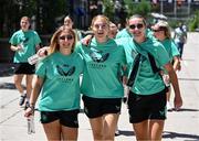 26 June 2025; Republic of Ireland players, from left, Ellen Molloy, Hayley Nolan and Saoirse Noonan during their match-day team walk in Denver, ahead of their international friendly match against United States at Dick’s Sporting Goods Park in Colorado, USA. Photo by Stephen McCarthy/Sportsfile