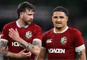 20 June 2025; Mack Hansen, left, and Sione Tuipulotu of British & Irish Lions after the Lions 1888 Cup match between the British & Irish Lions and Argentina at the Aviva Stadium in Dublin. Photo by Brendan Moran/Sportsfile