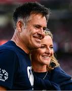 20 June 2025; TV presenter Gabby Logan with her husband, former Scotland international Kenny Logan during the Lions 1888 Cup match between the British & Irish Lions and Argentina at the Aviva Stadium in Dublin. Photo by Brendan Moran/Sportsfile