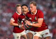20 June 2025; Duhan van der Merwe of British & Irish Lions, right, and Sione Tuipulotu during the Lions 1888 Cup match between the British & Irish Lions and Argentina at the Aviva Stadium in Dublin. Photo by Brendan Moran/Sportsfile