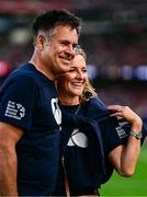 20 June 2025; TV presenter Gabby Logan with her husband, former Scotland international Kenny Logan during the Lions 1888 Cup match between the British & Irish Lions and Argentina at the Aviva Stadium in Dublin. Photo by Brendan Moran/Sportsfile