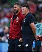 20 June 2025; British & Irish Lions head coach Andy Farrell, left, and communications manager David O Siochain before the Lions 1888 Cup match between the British & Irish Lions and Argentina at the Aviva Stadium in Dublin. Photo by Brendan Moran/Sportsfile