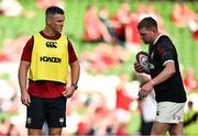 20 June 2025; British & Irish Lions assistant coach Jonathan Sexton, left, and Finn Russell before the Lions 1888 Cup match between the British & Irish Lions and Argentina at the Aviva Stadium in Dublin. Photo by Brendan Moran/Sportsfile