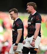 20 June 2025; Ollie Chessum, right, and Josh van der Flier of British & Irish Lions before the Lions 1888 Cup match between the British & Irish Lions and Argentina at the Aviva Stadium in Dublin. Photo by Brendan Moran/Sportsfile