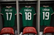 26 June 2025; The jerseys of Ellen Molloy, Kyra Carusa and Abbie Larkin of Republic of Ireland are seen in the dressing room before the women's international friendly match between the USA and Republic of Ireland at Dick’s Sporting Goods Park in Commerce City, Colorado, USA. Photo by Stephen McCarthy/Sportsfile