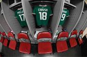 26 June 2025; The jerseys of Ellen Molloy, Kyra Carusa and Abbie Larkin of Republic of Ireland are seen in the dressing room before the women's international friendly match between the USA and Republic of Ireland at Dick’s Sporting Goods Park in Commerce City, Colorado, USA. Photo by Stephen McCarthy/Sportsfile