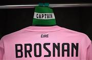 26 June 2025; The armband and jersey of Republic of Ireland captain Courtney Brosnan are seen in the dressing room before the women's international friendly match between the USA and Republic of Ireland at Dick’s Sporting Goods Park in Commerce City, Colorado, USA. Photo by Stephen McCarthy/Sportsfile