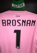 26 June 2025; The armband and jersey of Republic of Ireland captain Courtney Brosnan are seen in the dressing room before the women's international friendly match between the USA and Republic of Ireland at Dick’s Sporting Goods Park in Commerce City, Colorado, USA. Photo by Stephen McCarthy/Sportsfile