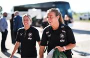 26 June 2025; Republic of Ireland goalkeeper Grace Moloney, right, and Denise O’Sullivan of Republic of Ireland arrive before the women's international friendly match between the USA and Republic of Ireland at Dick’s Sporting Goods Park in Commerce City, Colorado, USA. Photo by Stephen McCarthy/Sportsfile