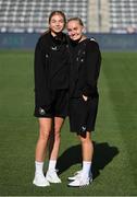 26 June 2025; Hayley Nolan, left, and Izzy Atkinson of Republic of Ireland before the women's international friendly match between the USA and Republic of Ireland at Dick’s Sporting Goods Park in Commerce City, Colorado, USA. Photo by Stephen McCarthy/Sportsfile