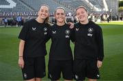26 June 2025; Republic of Ireland players, from left, Anna Patten, Jessie Stapleton and Emily Murphy before the women's international friendly match between the USA and Republic of Ireland at Dick’s Sporting Goods Park in Commerce City, Colorado, USA. Photo by Stephen McCarthy/Sportsfile