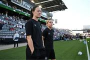 26 June 2025; Megan Campbell, left, and Denise O’Sullivan of Republic of Ireland before during the women's international friendly match between the USA and Republic of Ireland at Dick’s Sporting Goods Park in Commerce City, Colorado, USA. Photo by Stephen McCarthy/Sportsfile