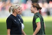 26 June 2025; Republic of Ireland head coach Carla Ward, left, and Emily Murphy of Republic of Ireland before the women's international friendly match between the USA and Republic of Ireland at Dick’s Sporting Goods Park in Commerce City, Colorado, USA. Photo by Stephen McCarthy/Sportsfile