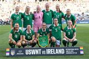 26 June 2025; The Republic of Ireland team, backrow from left, Emily Murphy, Megan Connolly goalkeeper Courtney Brosnan, Caitlin Hayes Anna Patten and Ruesha Littlejohn, with front row, from left, Kyra Carusa, Lucy Quinn, Jessie Stapleton, Chloe Mustaki and Amber Barrett before the women's international friendly match between the USA and Republic of Ireland at Dick’s Sporting Goods Park in Commerce City, Colorado, USA. Photo by Stephen McCarthy/Sportsfile
