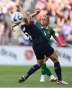 26 June 2025; Chloe Mustaki of Republic of Ireland in action against Avery Patterson of United States during the women's international friendly match between the USA and Republic of Ireland at Dick’s Sporting Goods Park in Commerce City, Colorado, USA. Photo by Stephen McCarthy/Sportsfile
