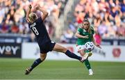 26 June 2025; Chloe Mustaki of Republic of Ireland in action against Avery Patterson of United States during the women's international friendly match between the USA and Republic of Ireland at Dick’s Sporting Goods Park in Commerce City, Colorado, USA. Photo by Stephen McCarthy/Sportsfile