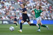 26 June 2025; Emily Sonnett of United States in action against Amber Barrett of Republic of Ireland during the women's international friendly match between the USA and Republic of Ireland at Dick’s Sporting Goods Park in Commerce City, Colorado, USA. Photo by Stephen McCarthy/Sportsfile