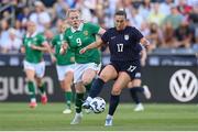 26 June 2025; Sam Coffey of United States in action against Amber Barrett of Republic of Ireland during the women's international friendly match between the USA and Republic of Ireland at Dick’s Sporting Goods Park in Commerce City, Colorado, USA. Photo by Stephen McCarthy/Sportsfile