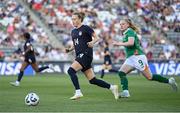 26 June 2025; Emily Sonnett of United States in action against Amber Barrett of Republic of Ireland during the women's international friendly match between the USA and Republic of Ireland at Dick’s Sporting Goods Park in Commerce City, Colorado, USA. Photo by Stephen McCarthy/Sportsfile