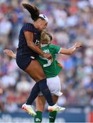 26 June 2025; Michelle Cooper of United States in action against Chloe Mustaki of Republic of Ireland during the women's international friendly match between the USA and Republic of Ireland at Dick’s Sporting Goods Park in Commerce City, Colorado, USA. Photo by Stephen McCarthy/Sportsfile