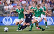 26 June 2025; Claire Hutton of United States in action against Kyra Carusa, left, and Ruesha Littlejohn of Republic of Ireland during the women's international friendly match between the USA and Republic of Ireland at Dick’s Sporting Goods Park in Commerce City, Colorado, USA. Photo by Stephen McCarthy/Sportsfile