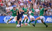 26 June 2025; Claire Hutton of United States in action against Kyra Carusa, left, and Ruesha Littlejohn of Republic of Ireland during the women's international friendly match between the USA and Republic of Ireland at Dick’s Sporting Goods Park in Commerce City, Colorado, USA. Photo by Stephen McCarthy/Sportsfile