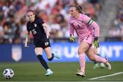 26 June 2025; Republic of Ireland goalkeeper Courtney Brosnan in action against Rose Lavelle of United States during the women's international friendly match between the USA and Republic of Ireland at Dick’s Sporting Goods Park in Commerce City, Colorado, USA. Photo by Stephen McCarthy/Sportsfile