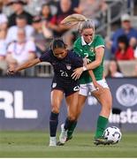 26 June 2025; Alyssa Thompson of United States in action against Jessie Stapleton of Republic of Ireland during the women's international friendly match between the USA and Republic of Ireland at Dick’s Sporting Goods Park in Commerce City, Colorado, USA. Photo by Stephen McCarthy/Sportsfile