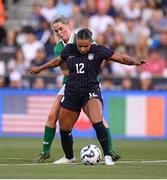 26 June 2025; Michelle Cooper of United States in action against Jessie Stapleton of Republic of Ireland during the women's international friendly match between the USA and Republic of Ireland at Dick’s Sporting Goods Park in Commerce City, Colorado, USA. Photo by Stephen McCarthy/Sportsfile