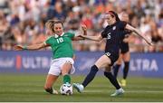 26 June 2025; Rose Lavelle of United States is tackled by Kyra Carusa of Republic of Ireland during the women's international friendly match between the USA and Republic of Ireland at Dick’s Sporting Goods Park in Commerce City, Colorado, USA. Photo by Stephen McCarthy/Sportsfile