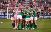 26 June 2025; Republic of Ireland players huddle before the second half of the women's international friendly match between the USA and Republic of Ireland at Dick’s Sporting Goods Park in Commerce City, Colorado, USA. Photo by Stephen McCarthy/Sportsfile