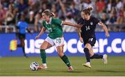 26 June 2025; Saoirse Noonan of Republic of Ireland in action against Emily Sonnett of United States during the women's international friendly match between the USA and Republic of Ireland at Dick’s Sporting Goods Park in Commerce City, Colorado, USA. Photo by Stephen McCarthy/Sportsfile