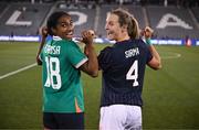 26 June 2025; Naomi Girma of United States, left, and Kyra Carusa of Republic of Ireland swap jerseys after the women's international friendly match between the USA and Republic of Ireland at Dick’s Sporting Goods Park in Commerce City, Colorado, USA. Photo by Stephen McCarthy/Sportsfile