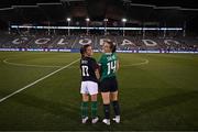 26 June 2025; Marissa Sheva of Republic of Ireland, left, and Sam Coffey of United States swap jerseys after the women's international friendly match between the USA and Republic of Ireland at Dick’s Sporting Goods Park in Commerce City, Colorado, USA. Photo by Stephen McCarthy/Sportsfile