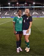 26 June 2025; Kyra Carusa of Republic of Ireland, right, and Naomi Girma of United States swap jerseys after the women's international friendly match between the USA and Republic of Ireland at Dick’s Sporting Goods Park in Commerce City, Colorado, USA. Photo by Stephen McCarthy/Sportsfile