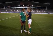 26 June 2025; Kyra Carusa of Republic of Ireland, right, and Naomi Girma of United States swap jerseys after the women's international friendly match between the USA and Republic of Ireland at Dick’s Sporting Goods Park in Commerce City, Colorado, USA. Photo by Stephen McCarthy/Sportsfile