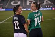 26 June 2025; Marissa Sheva of Republic of Ireland, left, and Sam Coffey of United States swap jerseys after the women's international friendly match between the USA and Republic of Ireland at Dick’s Sporting Goods Park in Commerce City, Colorado, USA. Photo by Stephen McCarthy/Sportsfile