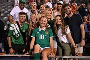 26 June 2025; Kyra Carusa of Republic of Ireland with family and friends after the women's international friendly match between the USA and Republic of Ireland at Dick’s Sporting Goods Park in Commerce City, Colorado, USA. Photo by Stephen McCarthy/Sportsfile