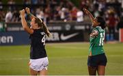 26 June 2025; Kyra Carusa of Republic of Ireland, left, and Naomi Girma of United States after the women's international friendly match between the USA and Republic of Ireland at Dick’s Sporting Goods Park in Commerce City, Colorado, USA. Photo by Stephen McCarthy/Sportsfile