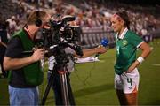 26 June 2025; Caitlin Hayes of Republic of Ireland is interviewed by RTÉ's Tony O'Donoghue after the women's international friendly match between the USA and Republic of Ireland at Dick’s Sporting Goods Park in Commerce City, Colorado, USA. Photo by Stephen McCarthy/Sportsfile