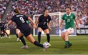 26 June 2025; Emily Murphy of Republic of Ireland in action against Ally Sentnor, left, and Lilly Reale of United States during the women's international friendly match between the USA and Republic of Ireland at Dick’s Sporting Goods Park in Commerce City, Colorado, USA. Photo by Stephen McCarthy/Sportsfile