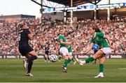 26 June 2025; Chloe Mustaki of Republic of Ireland and Avery Patterson of United States during the women's international friendly match between the USA and Republic of Ireland at Dick’s Sporting Goods Park in Commerce City, Colorado, USA. Photo by Stephen McCarthy/Sportsfile