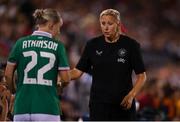 26 June 2025; Republic of Ireland head coach Carla Ward with Izzy Atkinson of Republic of Ireland during the women's international friendly match between the USA and Republic of Ireland at Dick’s Sporting Goods Park in Commerce City, Colorado, USA. Photo by Stephen McCarthy/Sportsfile