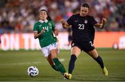 26 June 2025; Marissa Sheva of Republic of Ireland and Lilly Reale of United States during the women's international friendly match between the USA and Republic of Ireland at Dick’s Sporting Goods Park in Commerce City, Colorado, USA. Photo by Stephen McCarthy/Sportsfile